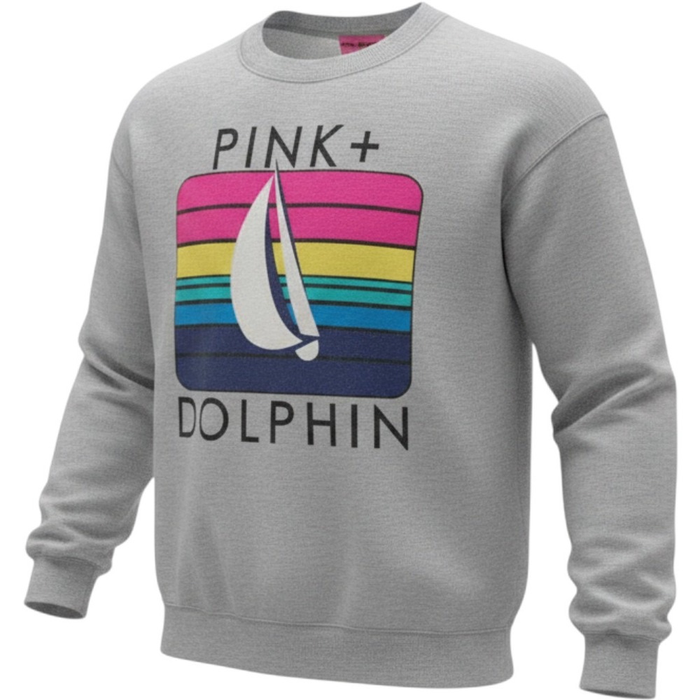 Pink Dolphin gray Sailboat Rainbow Graphic Crewneck Sweatshirt Rare Streetwear M
